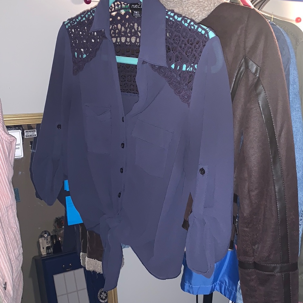 Navy Blue Button Up Long Sleeve Shirt with Crochet